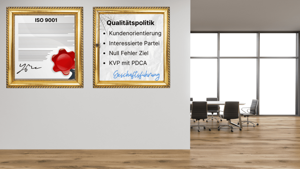 Qualitätspolitik und ISO 9001 Zertifikat als Pappe an der Wand